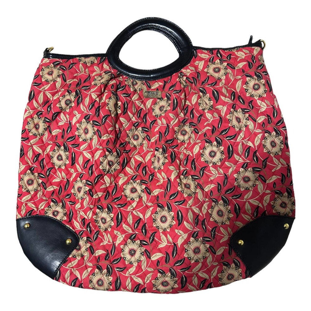 Maggie B Red Quilted Ditzy Floral Print Small Top Handle Tote